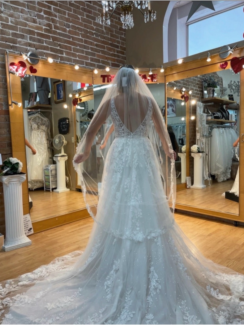 Mori Lee White Lace A-Line Bridal Gown with Cathedral Veil
